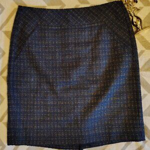 Trina Turk Los Angeles Navy Blue Wool Blend Tweed Pencil Skirt Herringbone Plaid